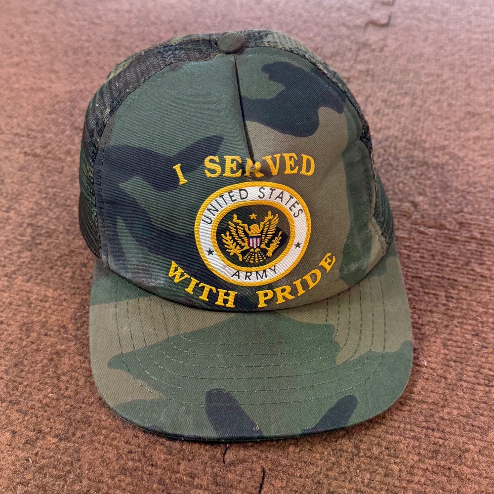 Vintage US Army Trucker Hat Camo I Served With Pride Snapback Made in USA OSFA